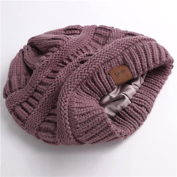 Womens Satin Lined Winter Beanie Hats Cable Knit Beanie for Men Silk Lining Thic